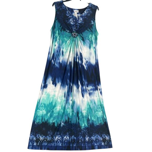 Catherines Dress Womens 3X Blue Green Sleeveless Maxi Boho Tie Dye Embellished - Picture 1 of 15